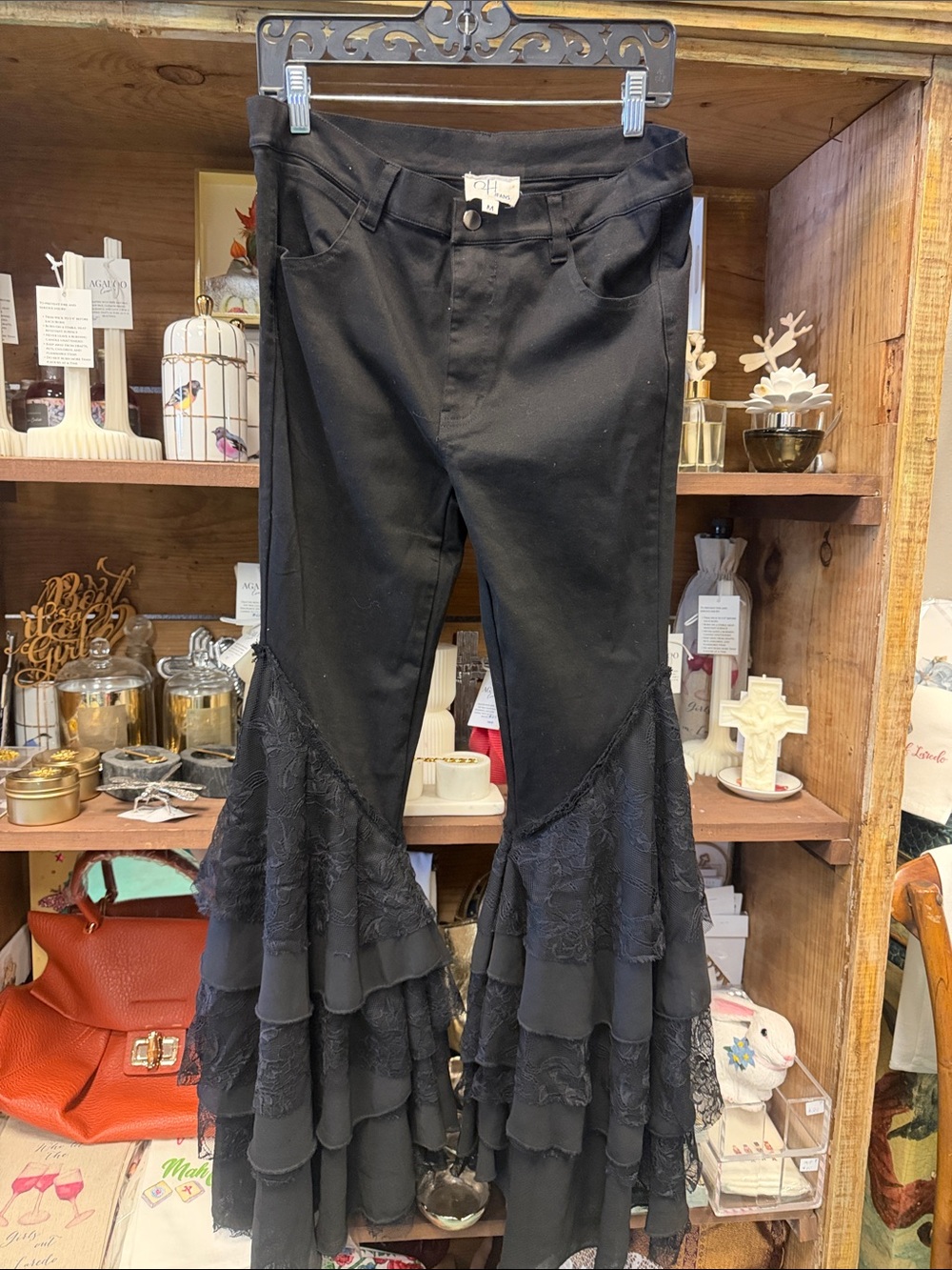 Women's Black Ruffle Flare Pants by Ollie and Hallie